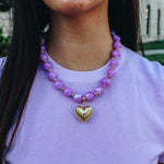 Gold Heart Lavender Bubble Bead Necklace