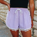 Lace Trim Lavender Drawstring Shorts