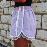 Lace Trim Lavender Drawstring Shorts