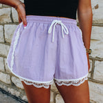 Lace Trim Lavender Drawstring Shorts