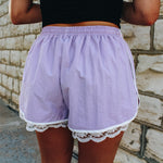 Lace Trim Lavender Drawstring Shorts