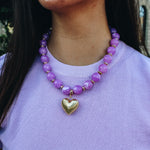 Gold Heart Lavender Bubble Bead Necklace