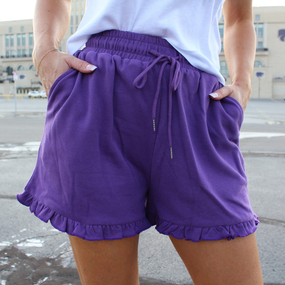 Purple Ruffle Trim Shorts