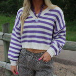 Purple Striped Cropped Sweater