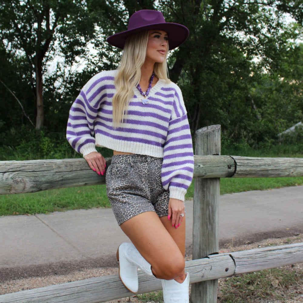 Purple Striped Cropped Sweater