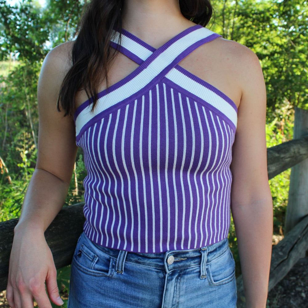 Striped Halter X Neckline Top