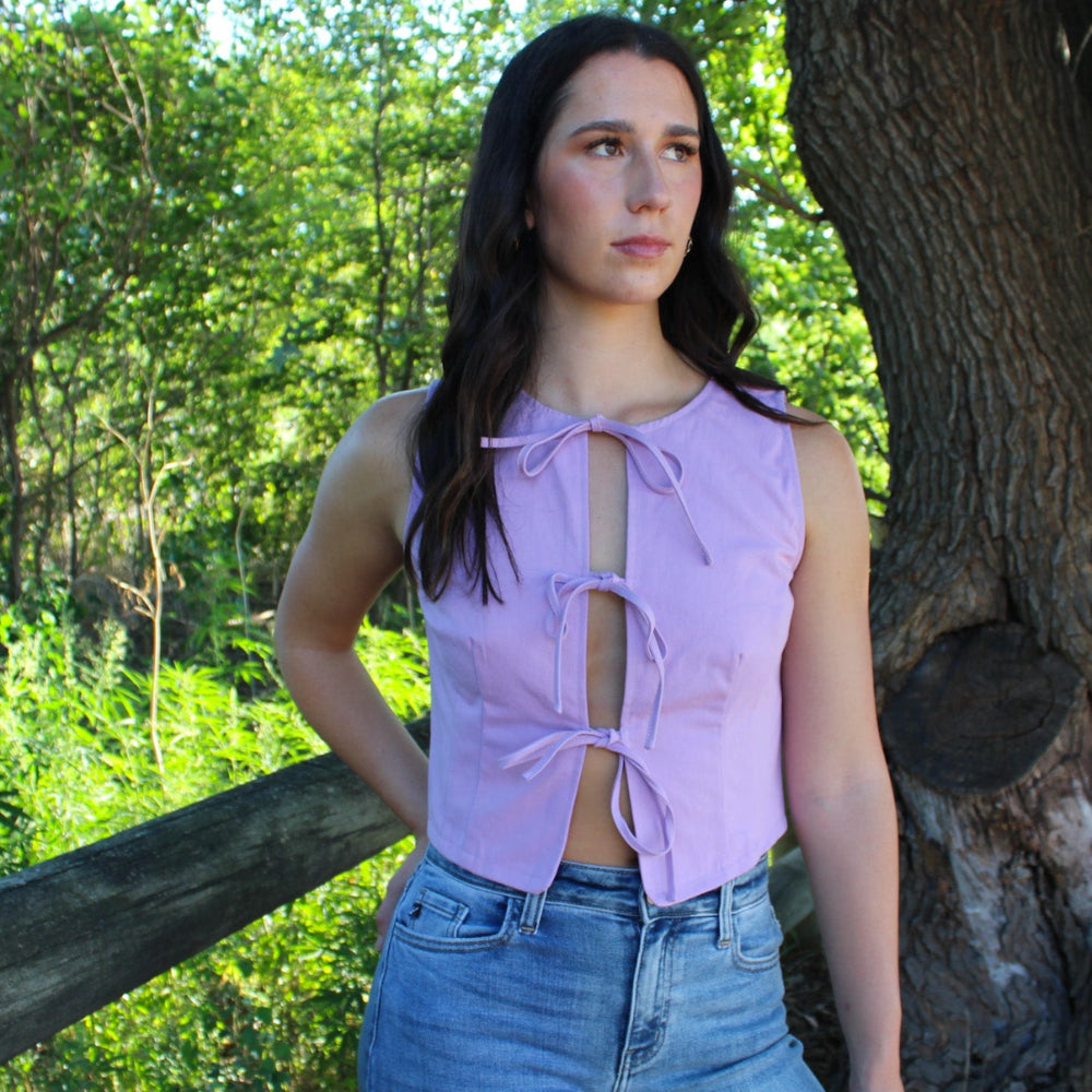 Lavender Denim Tie Front Top