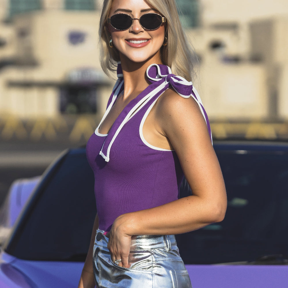 Purple Shoulder Tie Bodysuit
