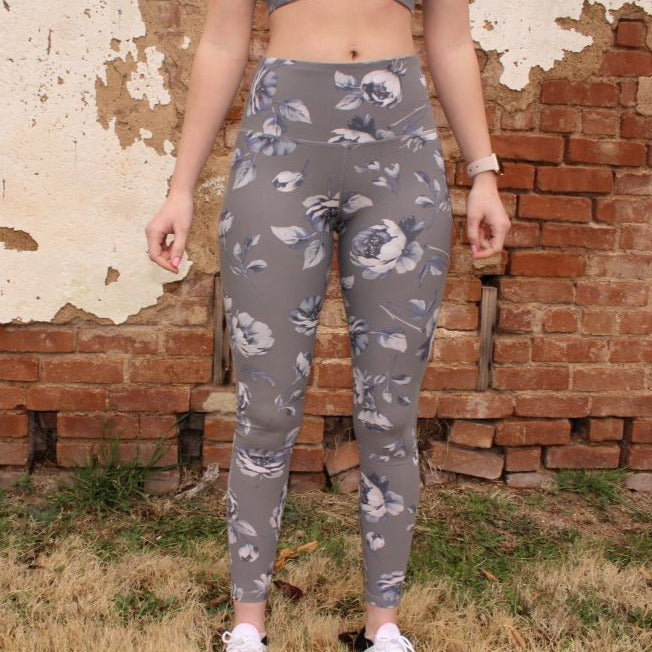 Grey Roses High Waisted Leggings - FINAL SALE