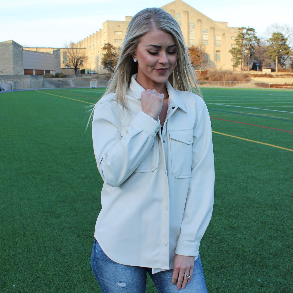 Faux Leather Button-Down Shirt (Ivory)