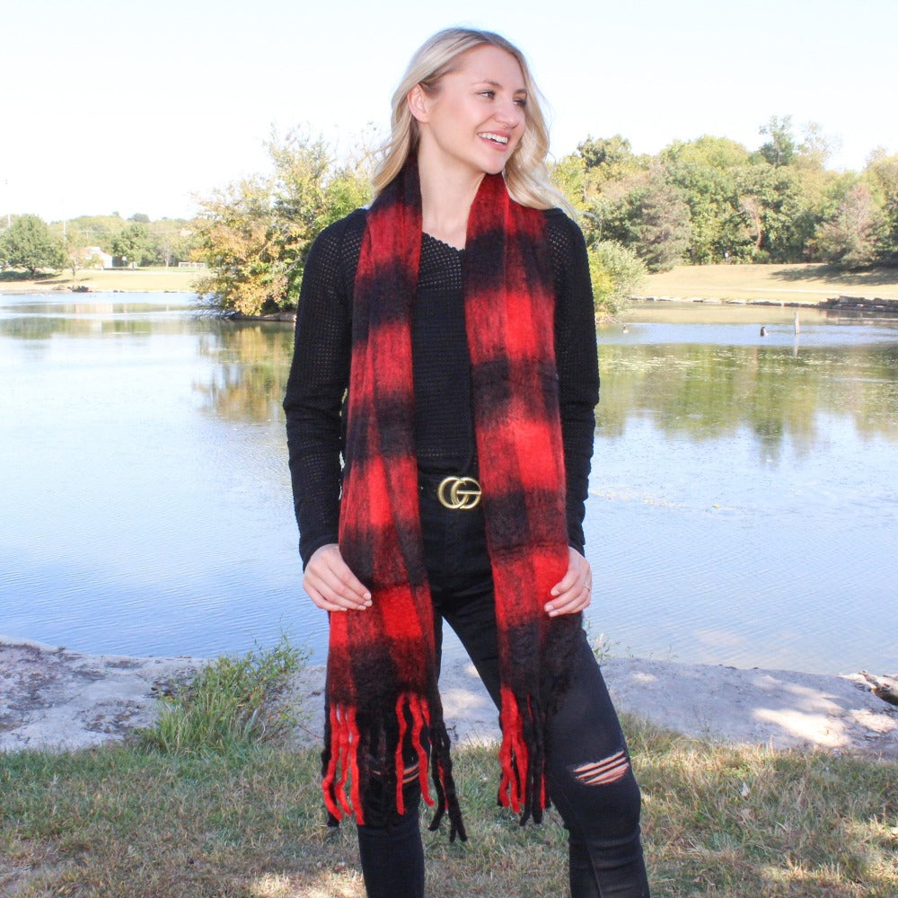 Long Plaid Scarf with Fringe (Red)
